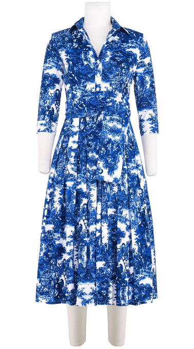 Audrey Dress #4 Shirt Collar 3/4 Sleeve Midi Length Cotton Stretch (Antilles Toile White)