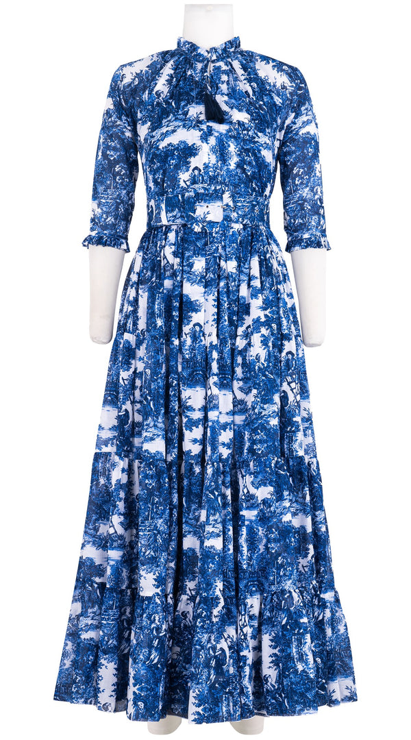 Eva Dress Crew Neck 3/4 Sleeve Maxi Length Cotton Musola (Antilles Toile White)