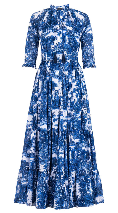 Eva Dress Crew Neck 3/4 Sleeve Maxi Length Cotton Musola (Antilles Toile White)
