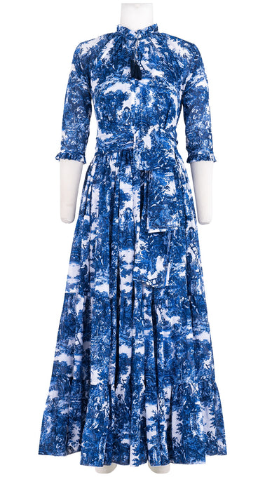 Eva Dress Crew Neck 3/4 Sleeve Maxi Length Cotton Musola (Antilles Toile White)