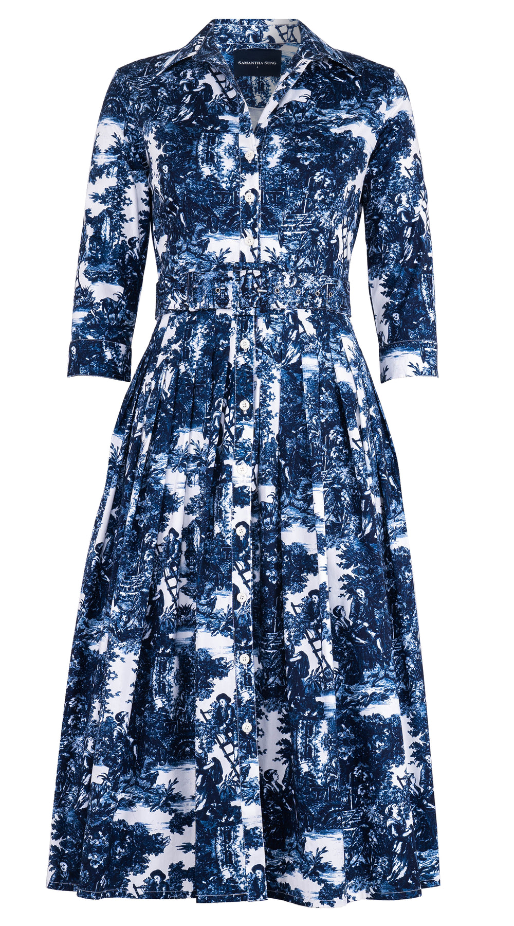 [Off the Rack] Audrey Dress #2 Shirt Collar 3/4 Sleeve Midi Length Cotton Stretch (Antilles Toile White) @XS-XXL