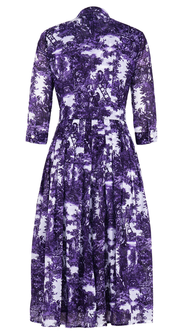 Audrey Dress #4 Shirt Collar 3/4 Sleeve Midi Length Cotton Musola (Antilles Toile White)