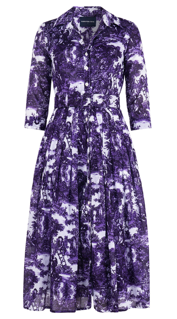 Audrey Dress #4 Shirt Collar 3/4 Sleeve Midi Length Cotton Musola (Antilles Toile White)