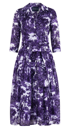 Audrey Dress #4 Shirt Collar 3/4 Sleeve Midi Length Cotton Musola (Antilles Toile White)