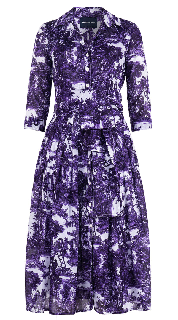 Audrey Dress #4 Shirt Collar 3/4 Sleeve Midi Length Cotton Musola (Antilles Toile White)