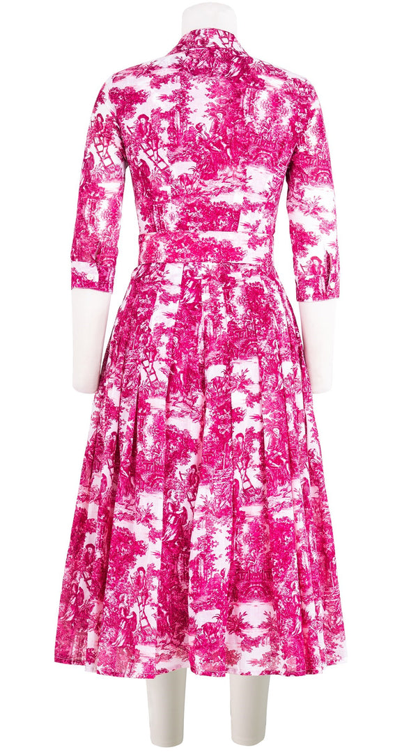Audrey Dress #4 Shirt Collar 3/4 Sleeve Midi Length Cotton Musola (Antilles Toile White)