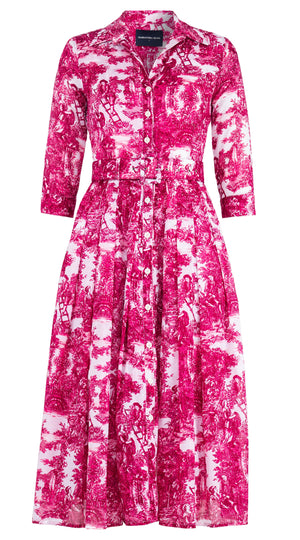 Audrey Dress #4 Shirt Collar 3/4 Sleeve Midi Length Cotton Musola (Antilles Toile White)
