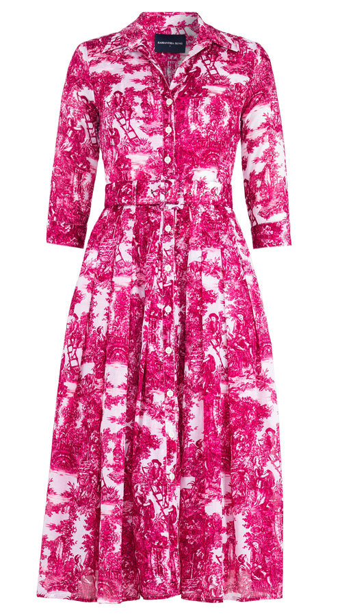 Audrey Dress #4 Shirt Collar 3/4 Sleeve Midi Length Cotton Musola (Antilles Toile White)