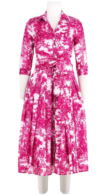 Audrey Dress #4 Shirt Collar 3/4 Sleeve Midi Length Cotton Musola (Antilles Toile White)