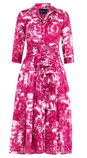 Audrey Dress #4 Shirt Collar 3/4 Sleeve Midi Length Cotton Musola (Antilles Toile White)