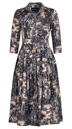 Audrey Dress #2 Shirt Collar 3/4 Sleeve Midi Length Cotton Stretch (Antilles Toile Ground)