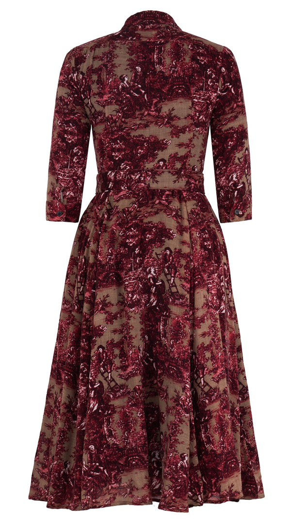 Aster Dress Shirt Collar 3/4 Sleeve Midi Length Wool Musola (Antilles Toile Ground) - Camel Burgundy