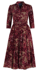 Aster Dress Shirt Collar 3/4 Sleeve Midi Length Wool Musola (Antilles Toile Ground) - Camel Burgundy