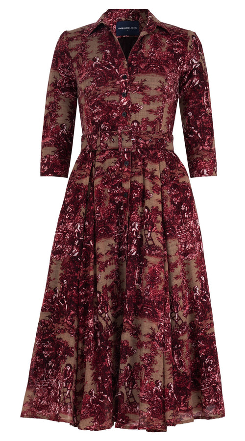 Aster Dress Shirt Collar 3/4 Sleeve Midi Length Wool Musola (Antilles Toile Ground) - Camel Burgundy