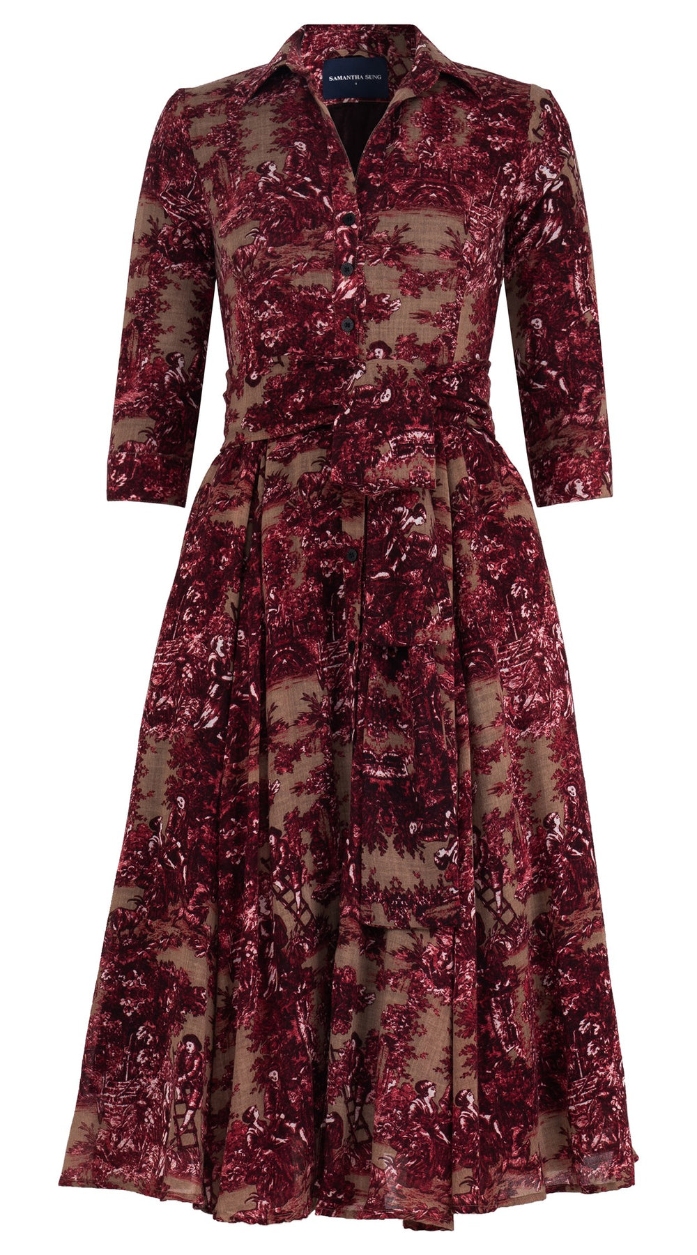 Aster Dress Shirt Collar 3/4 Sleeve Midi Length Wool (Antilles Toile Ground) - Camel Burgundy
