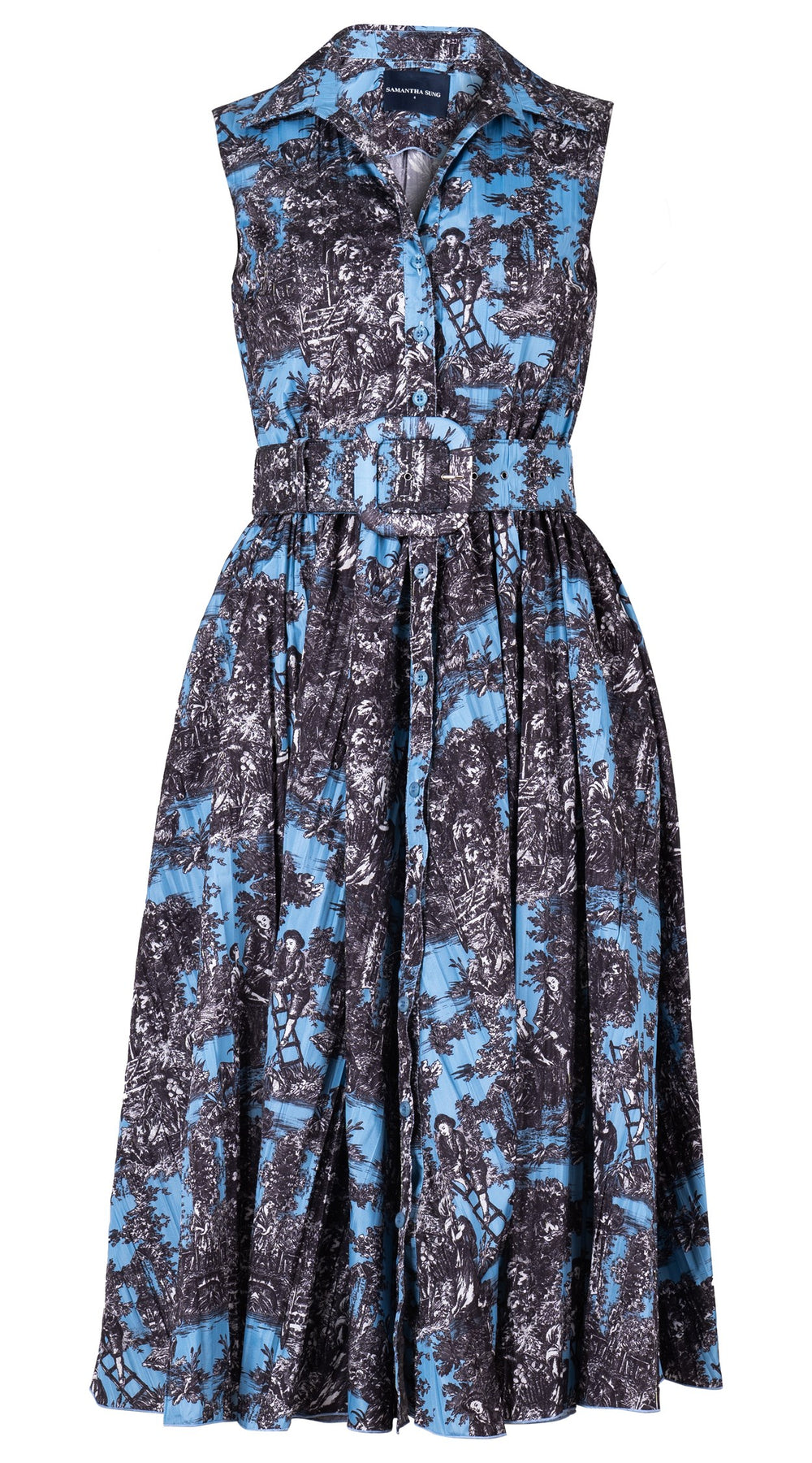 Terry Dress Shirt Collar Sleeveless Midi Length Silk Taffta (Antilles Toile Pastel)
