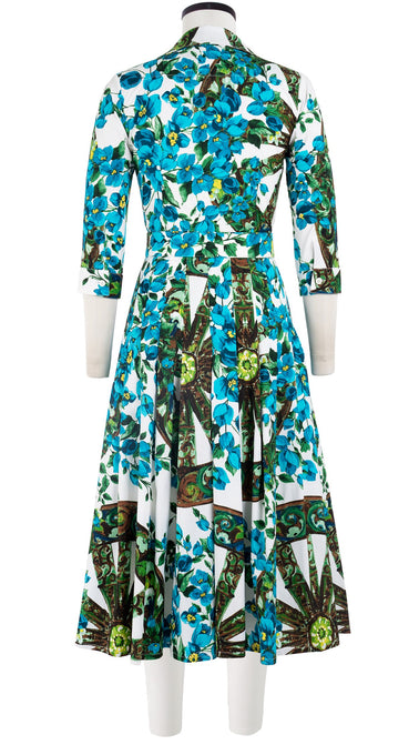 Patricia Dress #2 Shirt Collar 3/4 Sleeve Midi Length Cotton Stretch (Antique Wheel All Over)