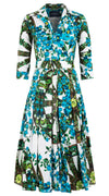 Patricia Dress #2 Shirt Collar 3/4 Sleeve Midi Length Cotton Stretch (Antique Wheel All Over)