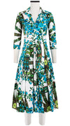 Patricia Dress #2 Shirt Collar 3/4 Sleeve Midi Length Cotton Stretch (Antique Wheel All Over)