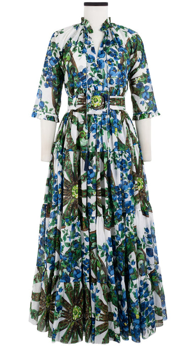 Eden Dress Crew Neck 3/4 Sleeve with Hamilton Belt Maxi Length Cotton Musola (Antique Wheel All Over)