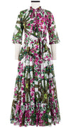 Eden Dress Crew Neck 3/4 Sleeve with Hamilton Belt Maxi Length Cotton Musola (Antique Wheel All Over)