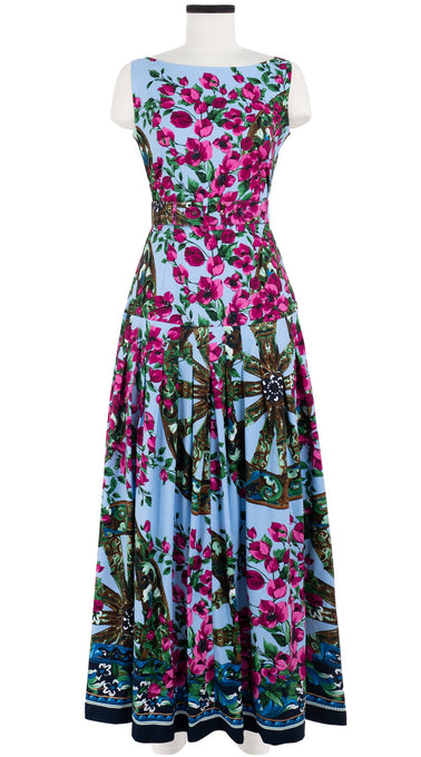 Florance Dress High Boat Neck Cut in Sleeve Maxi Length Cotton Stretch (Antique Wheel Border)