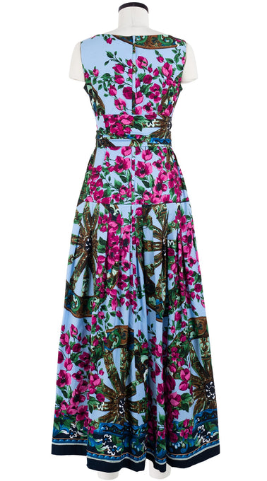 Florance Dress High Boat Neck Cut in Sleeve Maxi Length Cotton Stretch (Antique Wheel Border)