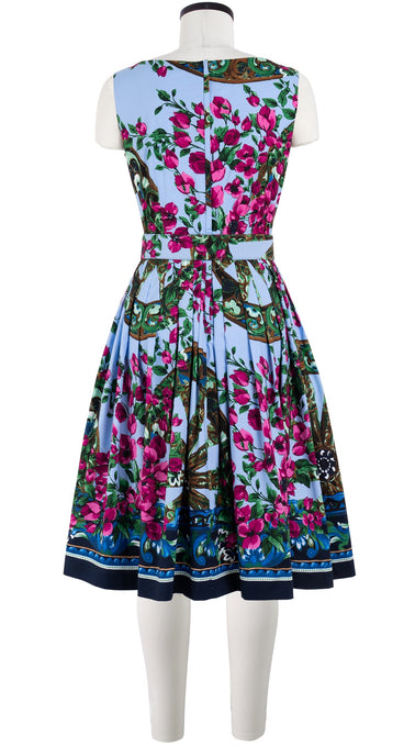 Florance Dress High Boat Neck Sleeveless Long Length Cotton Stretch (Antique Wheel Border)