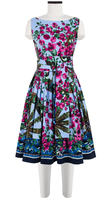 Florance Dress High Boat Neck Sleeveless Long Length Cotton Stretch (Antique Wheel Border)