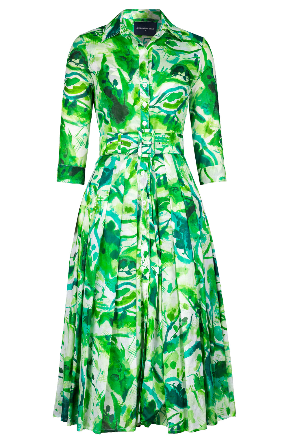 Audrey Dress #4 Shirt Collar 3/4 Sleeve Midi Length Cotton Muola (Aquarelle Mist)