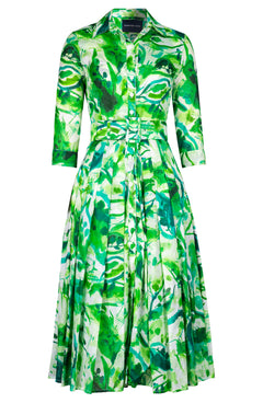Audrey Dress #4 Shirt Collar 3/4 Sleeve Midi Length Cotton Musola (Aquarelle Mist)