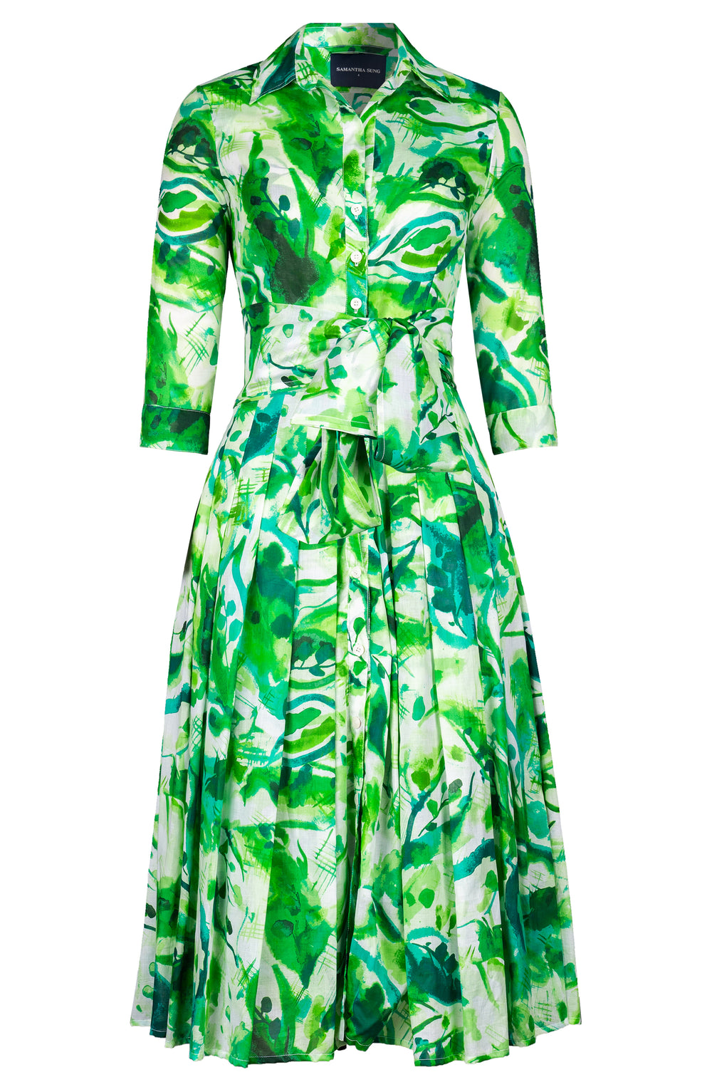 Audrey Dress #4 Shirt Collar 3/4 Sleeve Midi Length Cotton Musola (Aquarelle Mist)