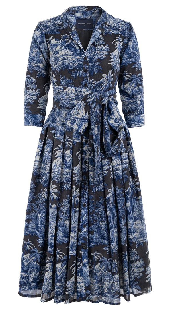 Audrey Dress #4 Shirt Collar 3/4 Sleeve Midi Length Wool (Arabian Night Toile Multi) @16