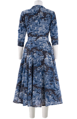 Aster Dress Shirt Collar 3/4 Sleeve Midi Length Wool (Arabian Night Toile) - Charcoal Indigo