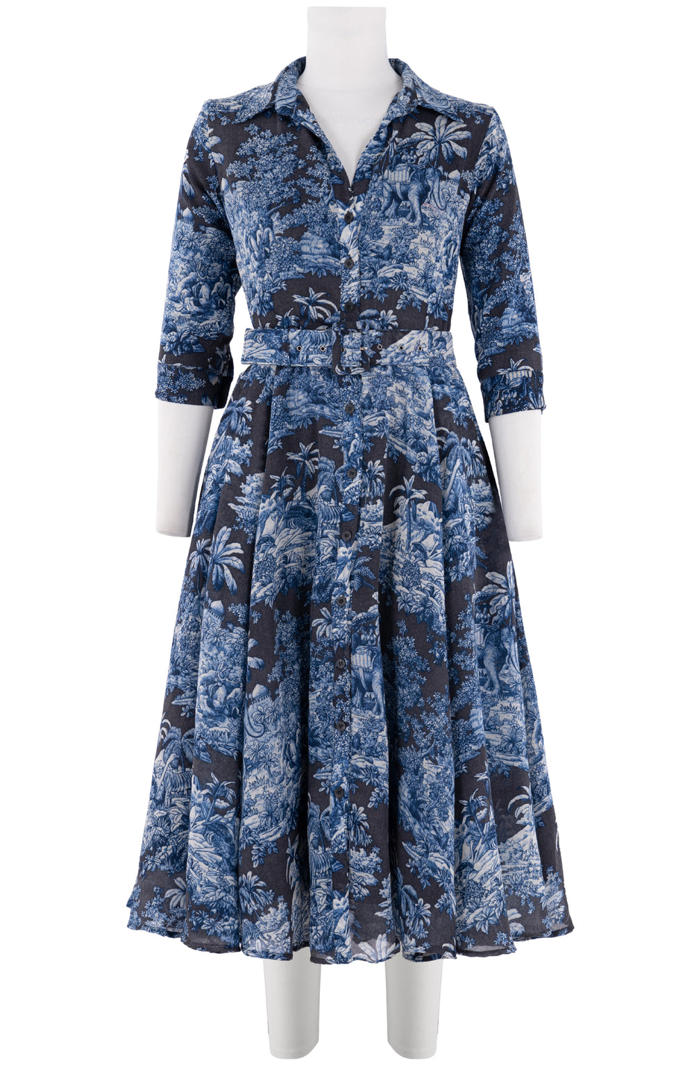 Aster Dress Shirt Collar 3/4 Sleeve Midi Length Wool (Arabian Night Toile) - Charcoal Indigo