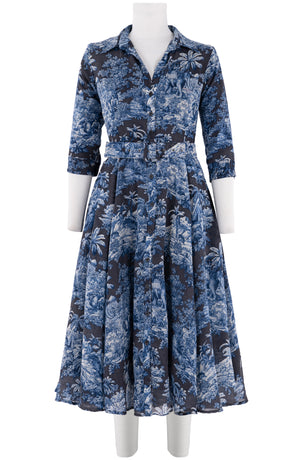 Aster Dress Shirt Collar 3/4 Sleeve Midi Length Wool (Arabian Night Toile) - Charcoal Indigo