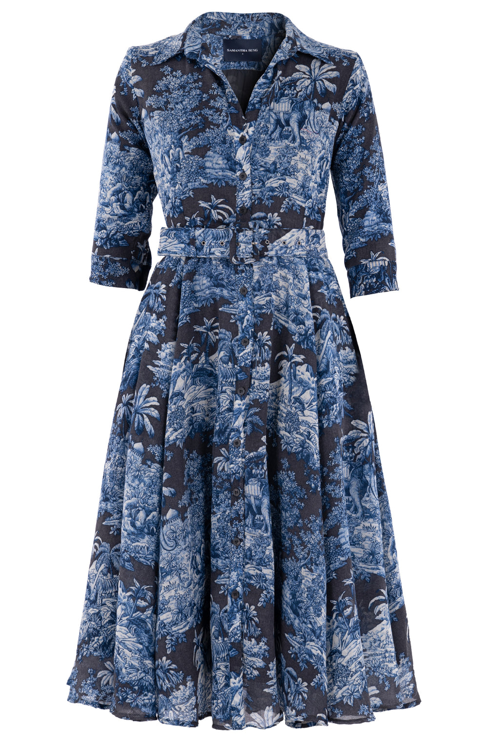 Aster Dress Shirt Collar 3/4 Sleeve Midi Length Wool (Arabian Night Toile) - Charcoal Indigo