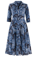 Aster Dress Shirt Collar 3/4 Sleeve Midi Length Wool (Arabian Night Toile) - Charcoal Indigo