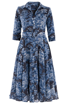 Aster Dress Shirt Collar 3/4 Sleeve Midi Length Wool (Arabian Night Toile) - Charcoal Indigo
