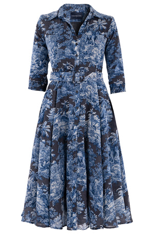 Aster Dress Shirt Collar 3/4 Sleeve Midi Length Wool (Arabian Night Toile) - Charcoal Indigo