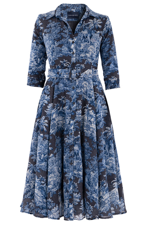 Aster Dress Shirt Collar 3/4 Sleeve Midi Length Wool (Arabian Night Toile) - Charcoal Indigo