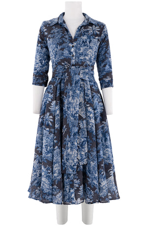 Aster Dress Shirt Collar 3/4 Sleeve Midi Length Wool (Arabian Night Toile) - Charcoal Indigo