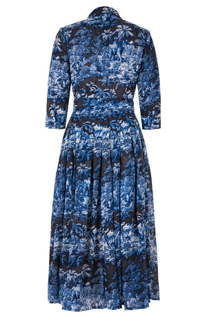 Audrey Dress #4 Shirt Collar 3/4 Sleeve Midi Plus Length Wool (Arabian Night Toile) - Charcoal Indigo