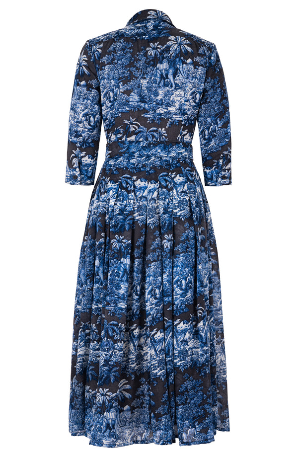 Audrey Dress #4 Shirt Collar 3/4 Sleeve Midi Plus Length Wool (Arabian Night Toile) - Charcoal Indigo