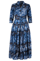 Audrey Dress #4 Shirt Collar 3/4 Sleeve Midi Plus Length Wool (Arabian Night Toile) - Charcoal Indigo