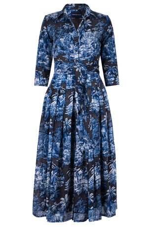 Audrey Dress #4 Shirt Collar 3/4 Sleeve Midi Plus Length Wool (Arabian Night Toile) - Charcoal Indigo