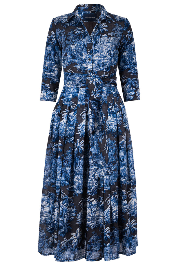 Audrey Dress #4 Shirt Collar 3/4 Sleeve Midi Plus Length Wool (Arabian Night Toile) - Charcoal Indigo