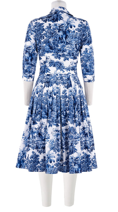 Audrey Dress #2 Shirt Collar 3/4 Sleeve Long Length Cotton Stretch (Arabian Night Toile White)