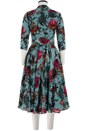 Aster Dress Shirt Collar 3/4 Sleeve Midi Length Wool (Artemis Wallpaper) - Dusty Jade