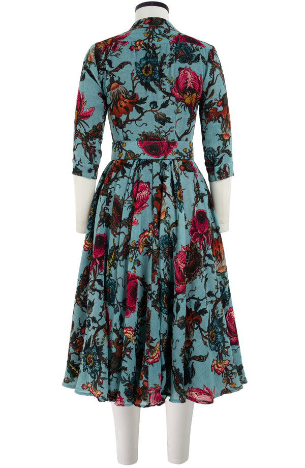Aster Dress Shirt Collar 3/4 Sleeve Midi Length Wool (Artemis Wallpaper) - Dusty Jade